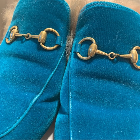 GUCCI PRINCETOWN TEAL VELVET LOAFER WITH FUR! SZ 37! - Picture 4 of 4
